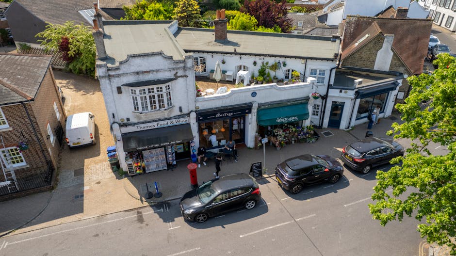An aerial view of a small local street in Anerley showing two white storefronts, one housing Thames Food & Wines and the other a flower shop with a green awning. In front of the shops, four cars are p