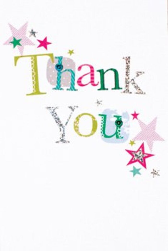 This thank you card is a study in understated celebration, the polished arrangement of its letters a visual chorus of joy. Every character in the message radiates its own mood, with some letters delighting in playful dots, while others curl with elegant charm. Clusters of bright stars-ranging from stripes of electric pink to deep turquoise and glistening silver-gather near the centre, imbuing the card with a sense of shared happiness, much like the bustling atmosphere at Anerley Town Hall. The overall composition remains grounded in modernity and lightness, with a scattering of stylised stardust set against a crisp white background that resembles the fresh morning light filtering through shop windows on Anerley Road. Neither too showy nor plain, the design makes any message of thanks instantly welcoming, suitable for every kind gesture from local business collaborations to neighbourly gratitude. Whether nestled with a wildflower arrangement for delivery to a friend near Elmers End or given in person, this card's uplifting design and nuanced colours ensure the sentiment feels both memorable and universally warm-a true signature of Anerley's inclusive, celebratory spirit.