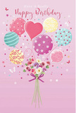 This pastel birthday scene feels like a little pocket of joy drifting above Anerley, as if the celebration had taken flight over local gardens and quiet residential streets. A soft pink background, smooth and luminous, cradles a floating arrangement of balloons rising from a floral bouquet at the base. The balloons are delightfully varied: some twist with candy-coloured stripes, others are scattered with cheerful polka dots, and a sweet heart-shaped balloon sits near the centre, radiating affection. Their colours - gentle pink, sea green, sunny yellow, and lavender - blend with the ease of a well-balanced bouquet, never harsh, always soothing. Where the thin balloon ribbons meet, a compact cluster of flowers blooms. Delicate roses and anemone-like blossoms in shades of ivory, blush pink, and dusky mauve gather in a tight embrace, their petals soft and slightly ruffled, suggesting layers of cool, velvety texture. The bouquet is finished with a violet satin bow that gleams softly, catching light in the same way it glints off the curved surfaces of the balloons above. Tiny starbursts and butterfly shapes flit through the air around the flowers, like fragments of confetti or the shimmer of sparklers at the end of a birthday evening in nearby Crystal Palace Park. The whole composition feels airy yet intimate, expressive without being loud. It mirrors the care a local florist might take when designing a birthday arrangement for same-day delivery in Anerley - weaving together colour, pattern, and gentle whimsy to turn a simple birthday greeting into a moment of pure, heartwarming celebration.