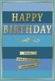 This birthday card radiates quiet celebration, combining restful bands of blue with graceful touches of gold that would look at home on a mantelpiece in Anerley. The background is built from generous horizontal stripes in varying blue tones, from deep navy and rich teal through to softer, airy hues near the centre, creating a gentle ombré effect that draws the eye inward. Set across this tranquil field of colour, the phrase HAPPY BIRTHDAY appears in bold, embossed gold capitals, each letter clearly defined and softly reflective, giving a subtle shimmer whenever the card moves in the light. Beneath the main greeting, a decorative golden flourish spreads in elegant curls, bridging the space between the central text and the lower portion of the design. Below this flourish, three slim gold banners are arranged in a tidy stack, their ends cut into neat points like small ribbons. Together, they carry the relaxed, friendly message: Relax, have a great day and enjoy! The metallic foil on the letters and banners is slightly raised, adding a tactile, almost jewellery-like quality that contrasts with the smooth, matte blues around it. A thin gold border runs around the edge of the card, framing the entire composition with a sense of order and care. You might picture this card standing next to a bunch of freshly delivered birthday flowers in an Anerley kitchen, catching the soft daylight through the window and quietly encouraging the recipient to slow down, breathe deeply, and savour their special moment in the midst of everyday life.
